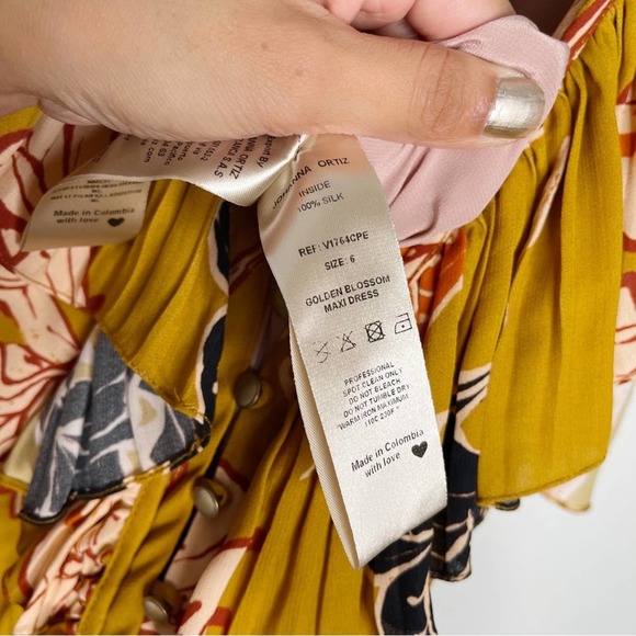 Johanna Ortiz Whiskey Sour Golden Blossom Velvet Trim Pleated Maxi Dress - Picture 12 of 15